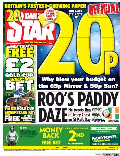 Daily Star Newspaper Front Page for 18 March 2016