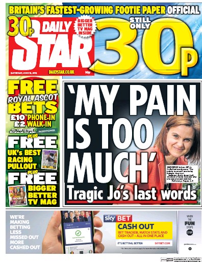 Daily Star (UK) Newspaper Front Page for 18 June 2016
