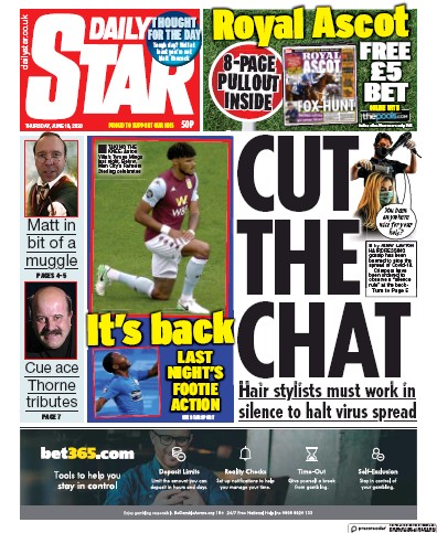 Daily Star (UK) Newspaper Front Page for 18 June 2020