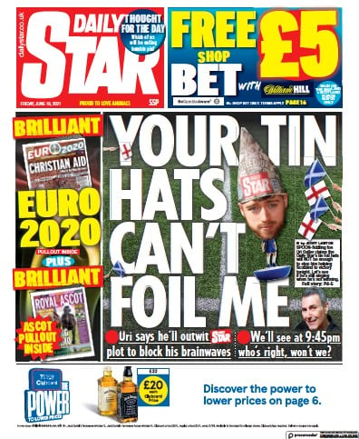 Daily Star (UK) Newspaper Front Page for 18 June 2021