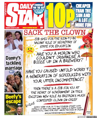 Daily Star (UK) Newspaper Front Page for 18 August 2020