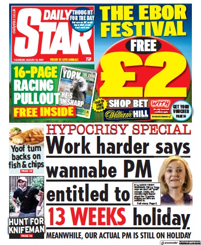 Daily Star (UK) Newspaper Front Page for 18 August 2022