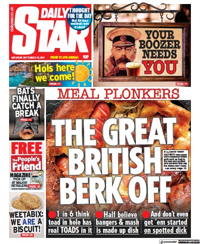 Daily Star (UK) Newspaper Front Page for 18 September 2021