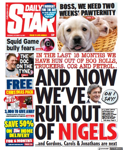 Daily Star (UK) Newspaper Front Page for 19 October 2021