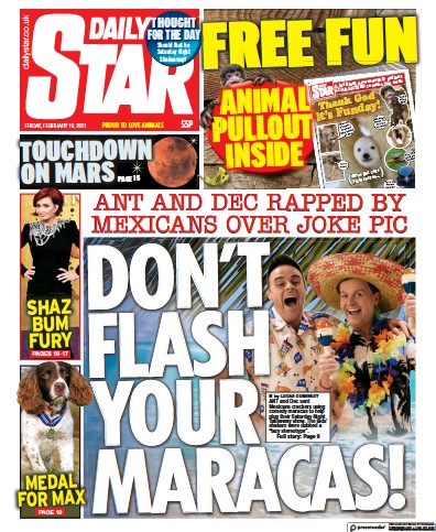 Daily Star (UK) Newspaper Front Page for 19 February 2021