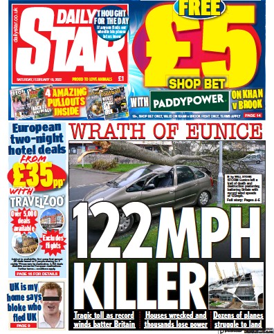 Daily Star (UK) Newspaper Front Page for 19 February 2022