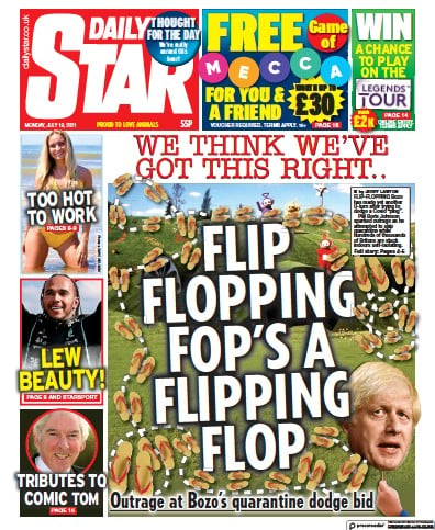 Daily Star (UK) Newspaper Front Page for 19 July 2021