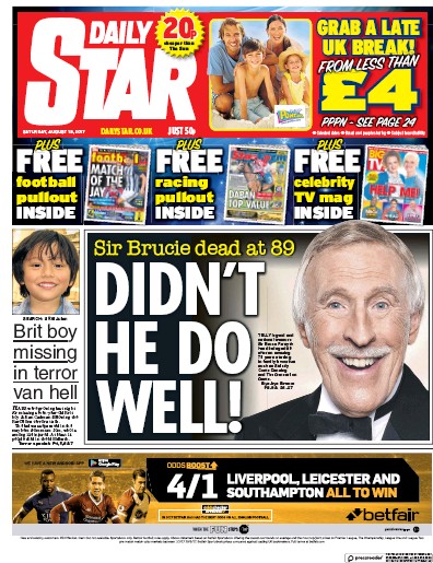 Daily Star (UK) Newspaper Front Page for 19 August 2017