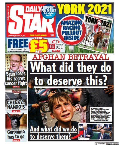 Daily Star (UK) Newspaper Front Page for 19 August 2021