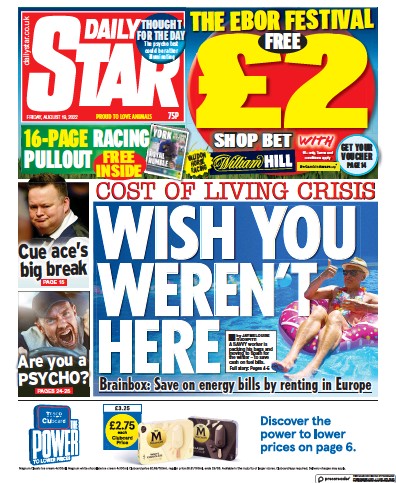 Daily Star (UK) Newspaper Front Page for 19 August 2022