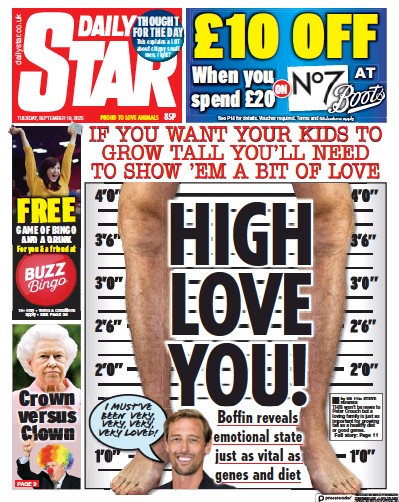 Daily Star (UK) Newspaper Front Page for 19 September 2023