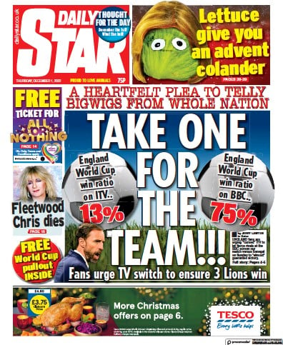 Daily Star (UK) Newspaper Front Page for 1 December 2022