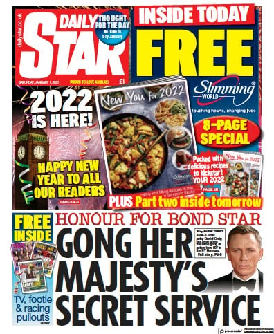 Daily Star (UK) Newspaper Front Page for 1 January 2022