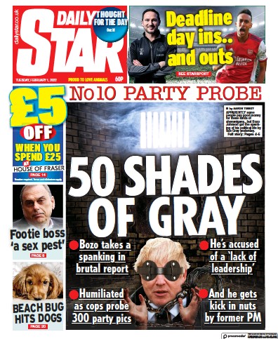 Daily Star (UK) Newspaper Front Page for 1 February 2022