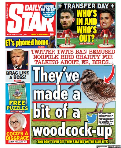 Daily Star (UK) Newspaper Front Page for 1 February 2023