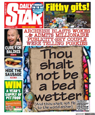 Daily Star (UK) Newspaper Front Page for 1 April 2021