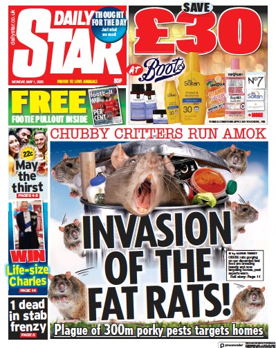 Daily Star (UK) Newspaper Front Page for 1 May 2023
