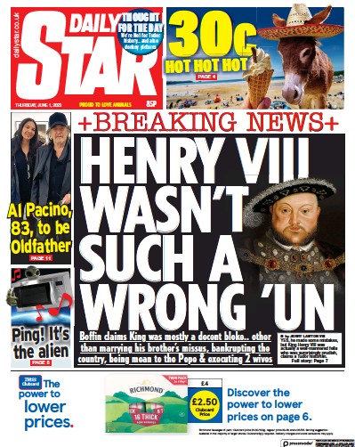 Daily Star (UK) Newspaper Front Page for 1 June 2023