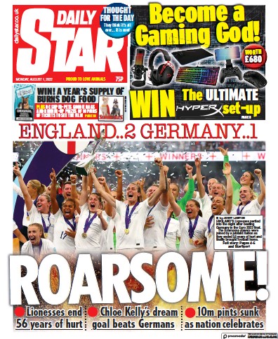 Daily Star (UK) Newspaper Front Page for 1 August 2022