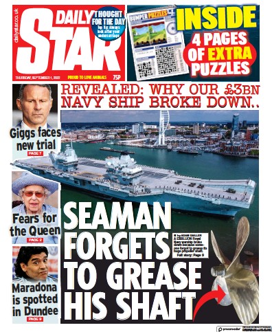 Daily Star (UK) Newspaper Front Page for 1 September 2022