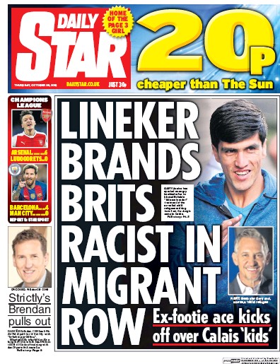 Daily Star Newspaper Front Page for 20 October 2016