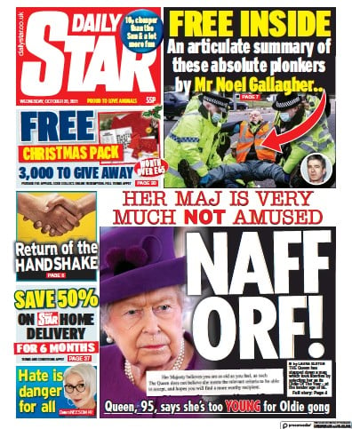 Daily Star (UK) Newspaper Front Page for 20 October 2021