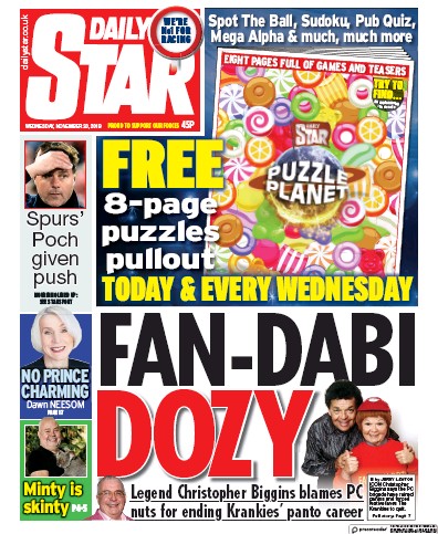 Daily Star (UK) Newspaper Front Page for 20 November 2019