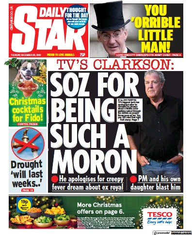 Daily Star (UK) Newspaper Front Page for 20 December 2022