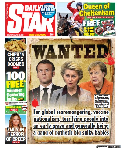 Daily Star (UK) Newspaper Front Page for 20 March 2021