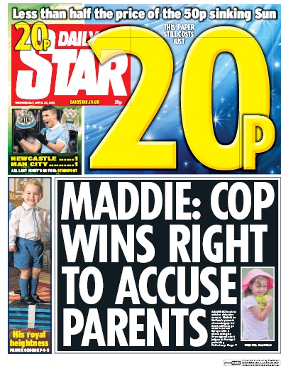 Daily Star (UK) Newspaper Front Page for 20 April 2016