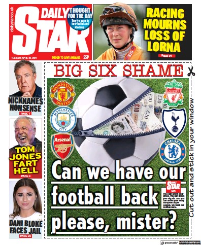 Daily Star (UK) Newspaper Front Page for 20 April 2021