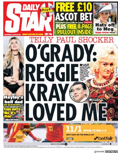 Daily Star (UK) Newspaper Front Page for 20 June 2018