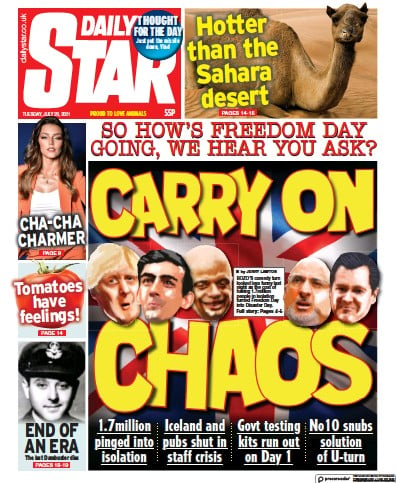 Daily Star (UK) Newspaper Front Page for 20 July 2021