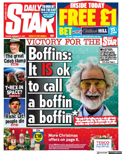 Daily Star (UK) Newspaper Front Page for 21 November 2023