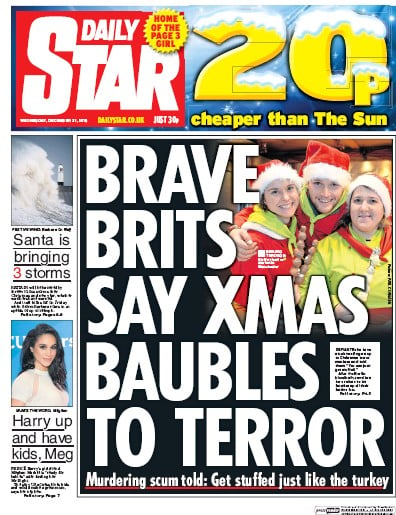 Daily Star (UK) Newspaper Front Page for 21 December 2016