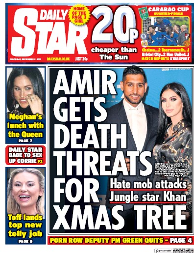 Daily Star (UK) Newspaper Front Page for 21 December 2017