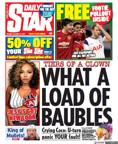 Daily Star (UK) Newspaper Front Page for 21 December 2020