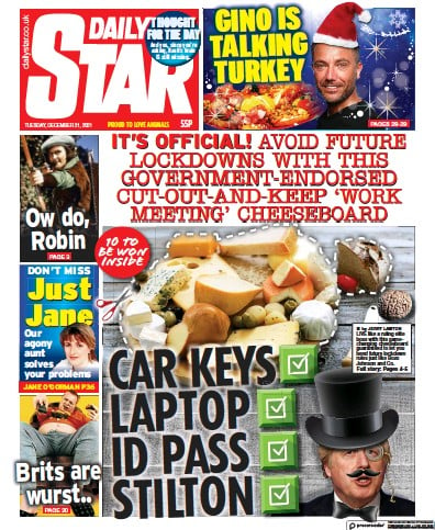 Daily Star (UK) Newspaper Front Page for 21 December 2021