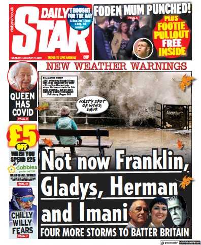 Daily Star (UK) Newspaper Front Page for 21 February 2022