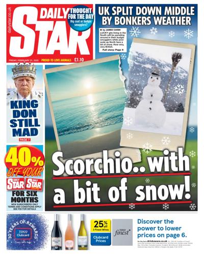 Daily Star (UK) Newspaper Front Page for 21 February 2025