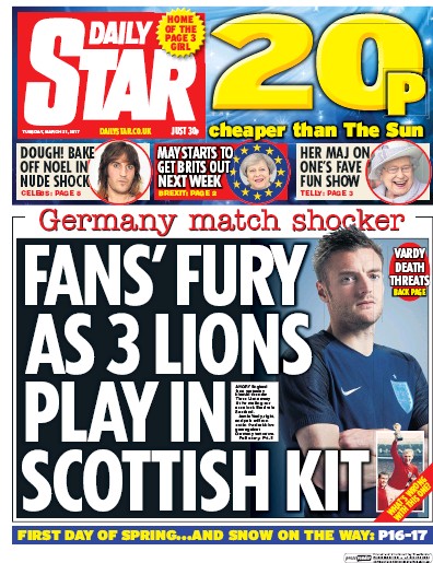 Daily Star (UK) Newspaper Front Page for 21 March 2017
