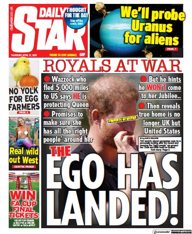 Daily Star (UK) Newspaper Front Page for 21 April 2022