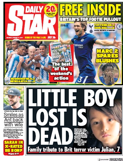 Daily Star Newspaper Front Page for 21 August 2017