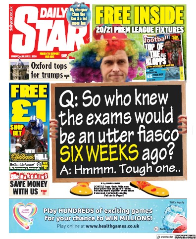 Daily Star Newspaper Front Page for 21 August 2020