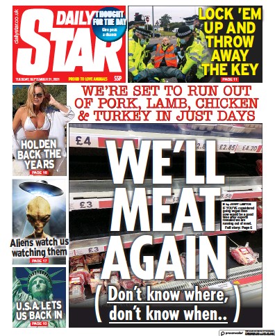 Daily Star (UK) Newspaper Front Page for 21 September 2021