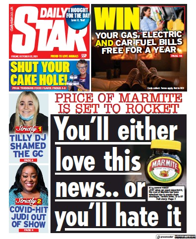 Daily Star (UK) Newspaper Front Page for 22 October 2021