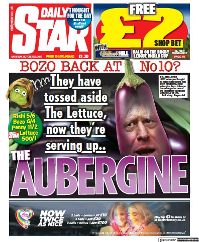 Daily Star (UK) Newspaper Front Page for 22 October 2022