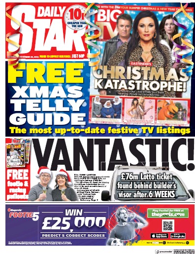 Daily Star (UK) Newspaper Front Page for 22 December 2018