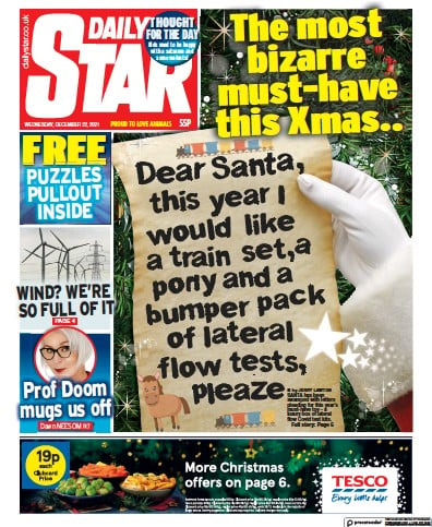 Daily Star (UK) Newspaper Front Page for 22 December 2021