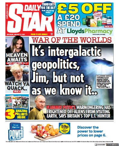 Daily Star (UK) Newspaper Front Page for 22 January 2022